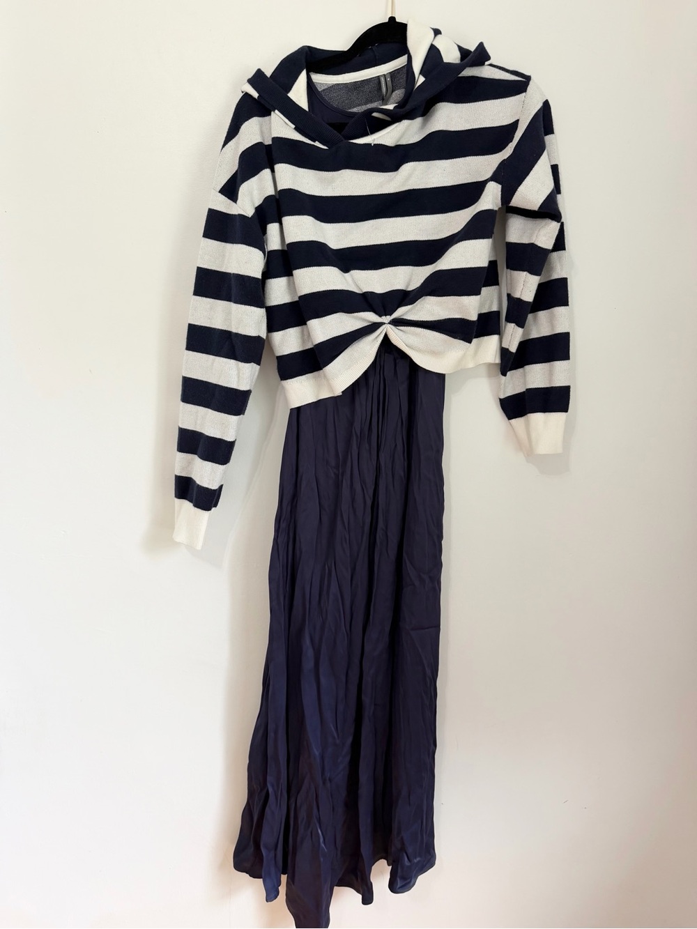 Anthropologie Navy and White Striped Knit Top with Navy Midi Skirt